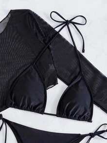 SHEIN Swim Summer Beach Solid Bikini Set Halter Bra & Tie Side Thong Bottom & Long Sleeve Cover Up Top 3 Piece Bathing Suit - Black - View 7