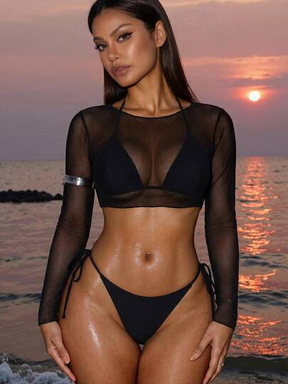 SHEIN Swim Summer Beach Solid Bikini Set Halter Bra & Tie Side Thong Bottom & Long Sleeve Cover Up Top 3 Piece Bathing Suit