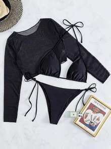 SHEIN Swim Summer Beach Solid Bikini Set Halter Bra & Tie Side Thong Bottom & Long Sleeve Cover Up Top 3 Piece Bathing Suit - Black - View 5