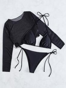 SHEIN Swim Summer Beach Solid Bikini Set Halter Bra & Tie Side Thong Bottom & Long Sleeve Cover Up Top 3 Piece Bathing Suit - Black - View 6