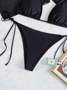 SHEIN Swim Summer Beach Solid Bikini Set Halter Bra & Tie Side Thong Bottom & Long Sleeve Cover Up Top 3 Piece Bathing Suit - Black - View 8