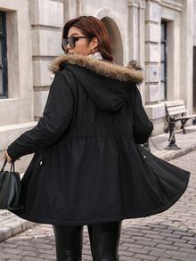 Reflora Plus Size Women's Long Sleeve Zipper Front Thermal Lined Hooded Winter Jacket - Black - View 2