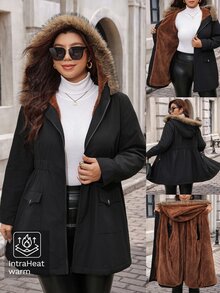 Reflora Plus Size Women's Long Sleeve Zipper Front Thermal Lined Hooded Winter Jacket - Black - View 3