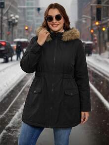 Reflora Plus Size Women's Long Sleeve Zipper Front Thermal Lined Hooded Winter Jacket - Black - View 7