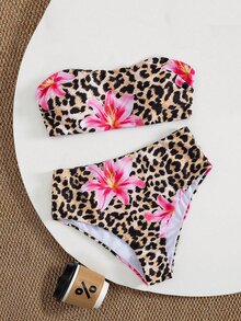 Swim Vcay 豹纹细肩带短款上衣和高腰短裤比基尼套装，性感海滩度假 - 彩色 - 查看 1