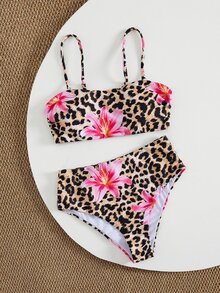 Swim Vcay 豹纹细肩带短款上衣和高腰短裤比基尼套装，性感海滩度假 - 彩色 - 查看 5