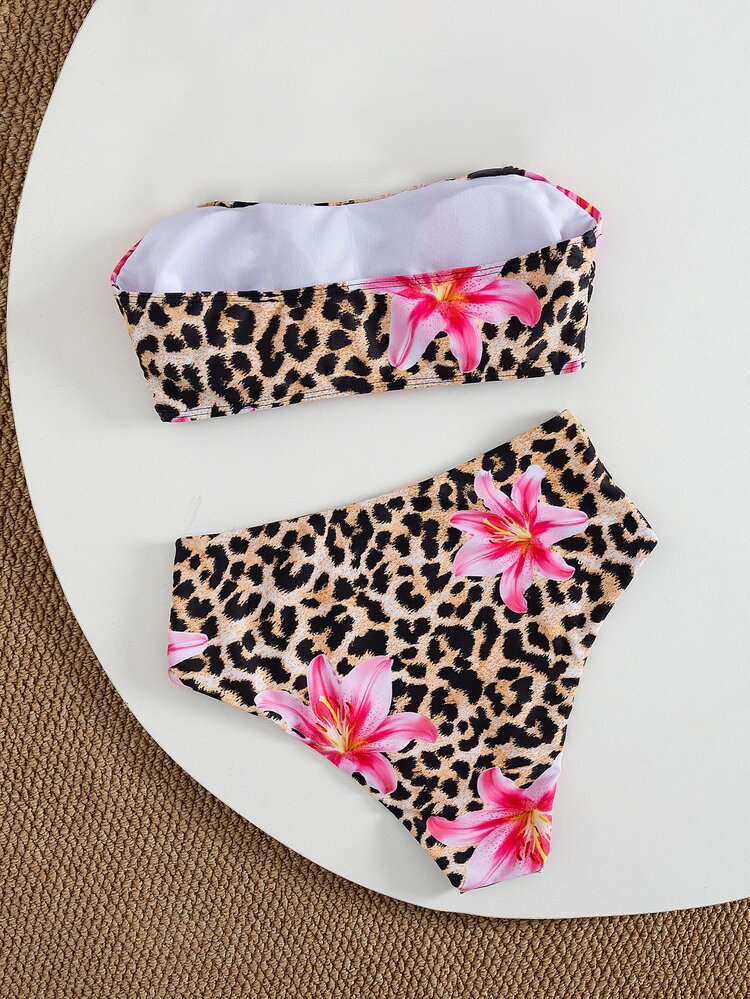 Swim Vcay Leopard Print Spaghetti Strap Crop Top & High Waisted Shorts Bikini Set, Sexy Beach Vacation For Summer - Multicolor - View 2