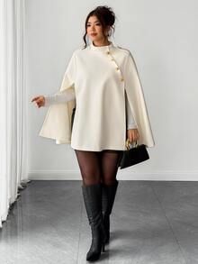 Elenzga Women's Plus Size Apricot Shawl With Button Decor, Plus Size Wool - Apricot - View 5