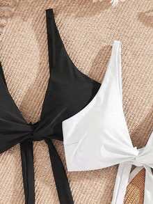 Swim Vcay Plus Size Women 2pcs Solid Color Front Twist Tankini Swimwear Beach Party Black All White Summer Sexy Gatsby Baggy - Multicolor - View 3