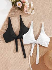 Swim Vcay Plus Size Women 2pcs Solid Color Front Twist Tankini Swimwear Beach Party Black All White Summer Sexy Gatsby Baggy - Multicolor - View 4