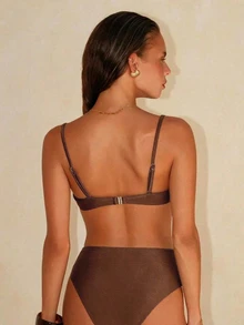 Swim Chiccia Women's Solid Color Spaghetti Strap Beaded Decor Adjustable Underwire Push-Up Back Clasp Triangle Bikini Bottom Front Ruched 2-Piece Swimwear - Coffee Brown - View 2