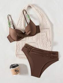 Swim Chiccia Women's Solid Color Spaghetti Strap Beaded Decor Adjustable Underwire Push-Up Back Clasp Triangle Bikini Bottom Front Ruched 2-Piece Swimwear - Coffee Brown - View 4