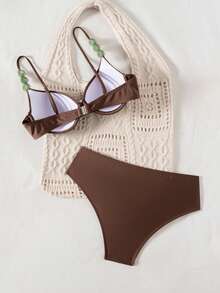 Swim Chiccia Women's Solid Color Spaghetti Strap Beaded Decor Adjustable Underwire Push-Up Back Clasp Triangle Bikini Bottom Front Ruched 2-Piece Swimwear - Coffee Brown - View 5