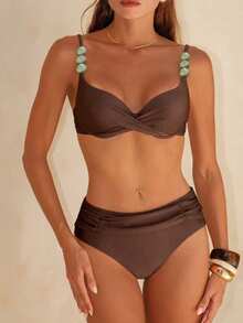 Swim Chiccia Women's Solid Color Spaghetti Strap Beaded Decor Adjustable Underwire Push-Up Back Clasp Triangle Bikini Bottom Front Ruched 2-Piece Swimwear - Coffee Brown - View 7