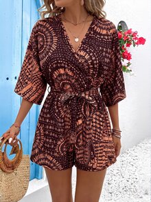 Vivid Eden Women's Summer V-Neck Criss-Cross Wrap Waist Tie-Up Brown Print Vacation Romper - Brown - View 9
