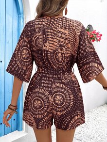 Vivid Eden Women's Summer V-Neck Criss-Cross Wrap Waist Tie-Up Brown Print Vacation Romper - Brown - View 2