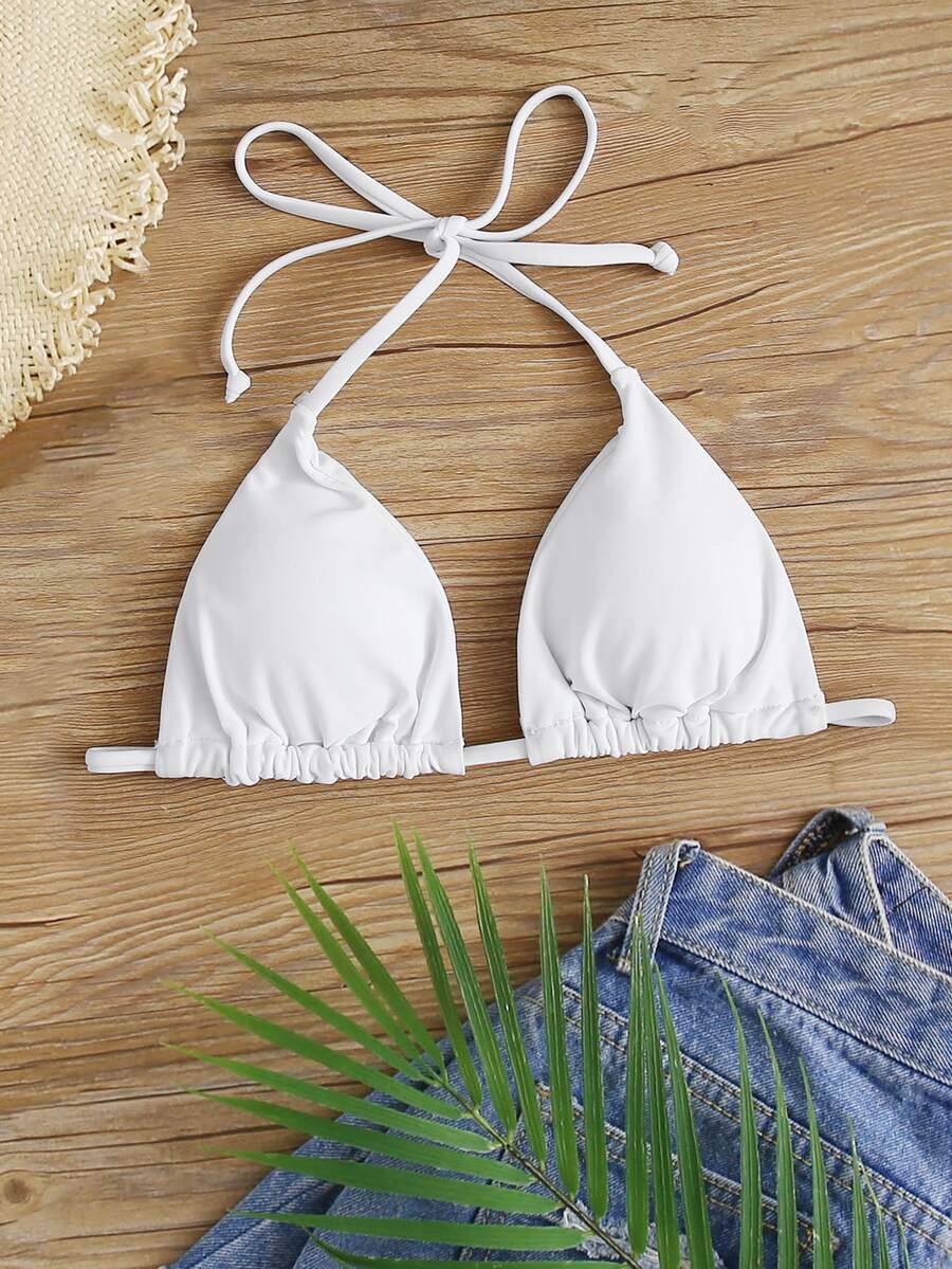 SHEIN Swim Summer Beach Tie Back Triangle Bikini Top - White - View 1