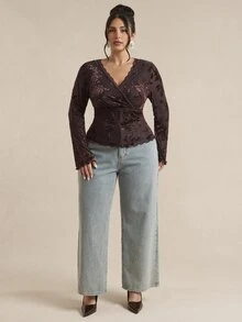 SHEIN BAE CURVE Plus Size Women's Solid Color Mesh Lace Patchwork Long Sleeve Sexy Top, Undershirt, Outerwear,Valentine's Day Elegant Women's Blouses Fall,Going Out - Brown - View 6