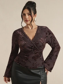 SHEIN BAE CURVE Plus Size Women's Solid Color Mesh Lace Patchwork Long Sleeve Sexy Top, Undershirt, Outerwear,Valentine's Day Elegant Women's Blouses Fall,Going Out - Brown - View 2