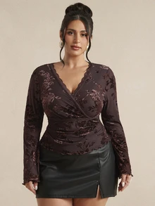 SHEIN BAE CURVE Plus Size Women's Solid Color Mesh Lace Patchwork Long Sleeve Sexy Top, Undershirt, Outerwear,Valentine's Day Elegant Women's Blouses Fall,Going Out - Brown - View 7