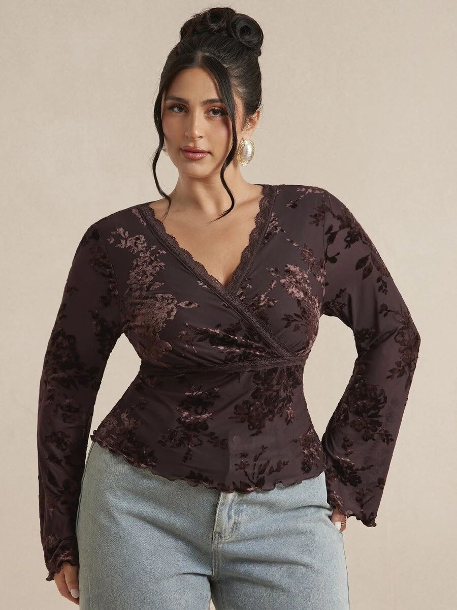 SHEIN BAE CURVE Plus Size Women's Solid Color Mesh Lace Patchwork Long Sleeve Sexy Top, Undershirt, Outerwear,Valentine's Day Elegant Women's Blouses Fall,Going Out - Brown - View 1