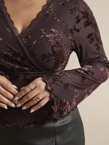 SHEIN BAE CURVE Plus Size Women's Solid Color Mesh Lace Patchwork Long Sleeve Sexy Top, Undershirt, Outerwear,Valentine's Day Elegant Women's Blouses Fall,Going Out - Brown - View 5