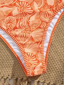 SHEIN Swim 春夏新款欧美风性感连体泳衣，海洋生物印花撞色细肩带钢圈聚拢挂脖露背连体泳衣，适合女性、青少年，甜美保暖，春季海滩度假风 - 亮橙色 - 查看 6