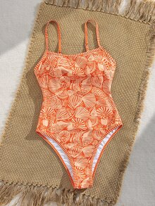 SHEIN Swim 春夏新款欧美风性感连体泳衣，海洋生物印花撞色细肩带钢圈聚拢挂脖露背连体泳衣，适合女性、青少年，甜美保暖，春季海滩度假风 - 亮橙色 - 查看 4