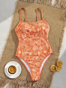 SHEIN Swim 春夏新款欧美风性感连体泳衣，海洋生物印花撞色细肩带钢圈聚拢挂脖露背连体泳衣，适合女性、青少年，甜美保暖，春季海滩度假风 - 亮橙色 - 查看 3