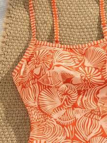 SHEIN Swim 春夏新款欧美风性感连体泳衣，海洋生物印花撞色细肩带钢圈聚拢挂脖露背连体泳衣，适合女性、青少年，甜美保暖，春季海滩度假风 - 亮橙色 - 查看 5