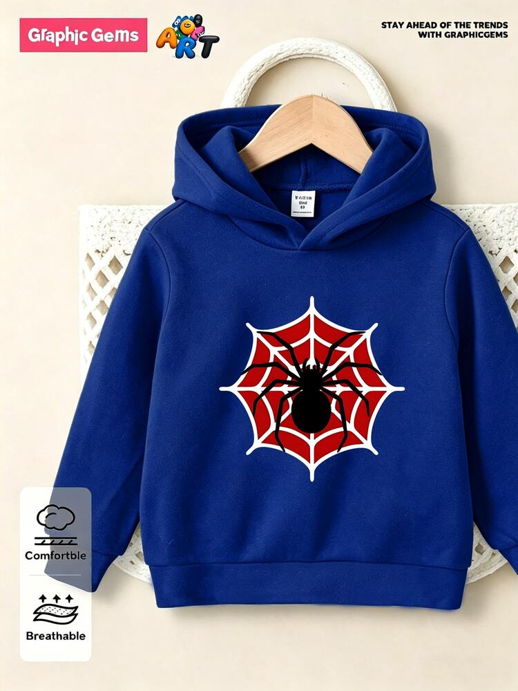 Sweatshirt Hoodie Biru untuk Anak Laki-Laki Motif Laba-laba, Pakaian Kasual Olahraga Lari Streetwear Gaya Kampus, Cocok untuk Musim Gugur/Musim Dingin, Pakaian Sehari-hari Sederhana, Ukuran 4-7 Tahun - Biru - View 1