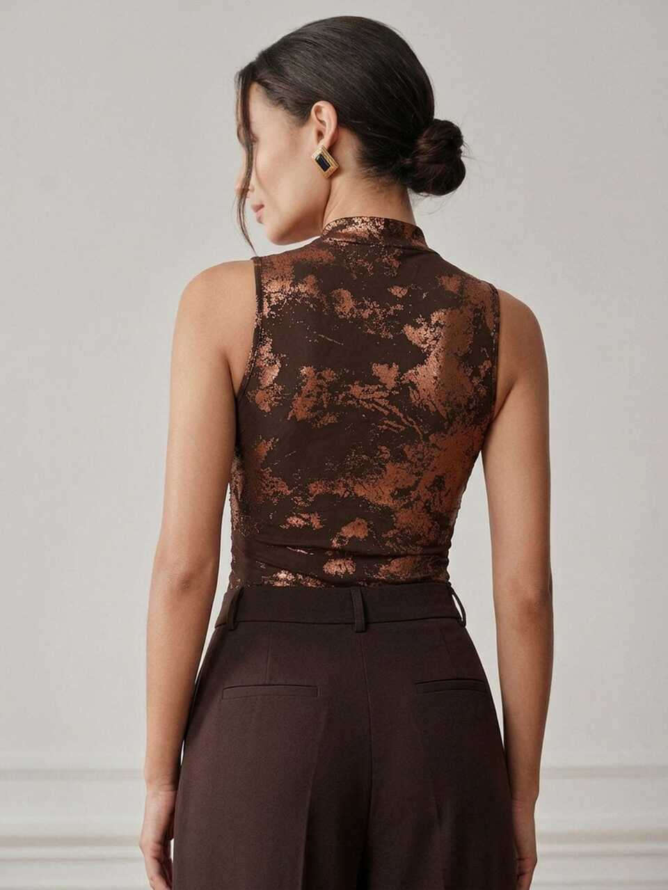 Women's Elegant Sexy Dark Brown Foil Mesh Bodysuit, Slim Fit Summer Top For Party Date Night Night Out Holiday Date