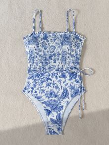Swim Vcay 随机蓝白印花露背连体泳衣，可调节肩带，适合海滩、度假和休闲穿着 - 藍色 - 查看 2