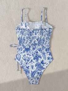 Swim Vcay 随机蓝白印花露背连体泳衣，可调节肩带，适合海滩、度假和休闲穿着 - 藍色 - 查看 5