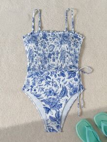 Swim Vcay 随机蓝白印花露背连体泳衣，可调节肩带，适合海滩、度假和休闲穿着 - 藍色 - 查看 6