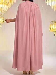 Fleurora Spring And Summer Elegant Commuting Office Purple Knitted Round Neck Pencil Bishop Sleeve - Pink - View 2