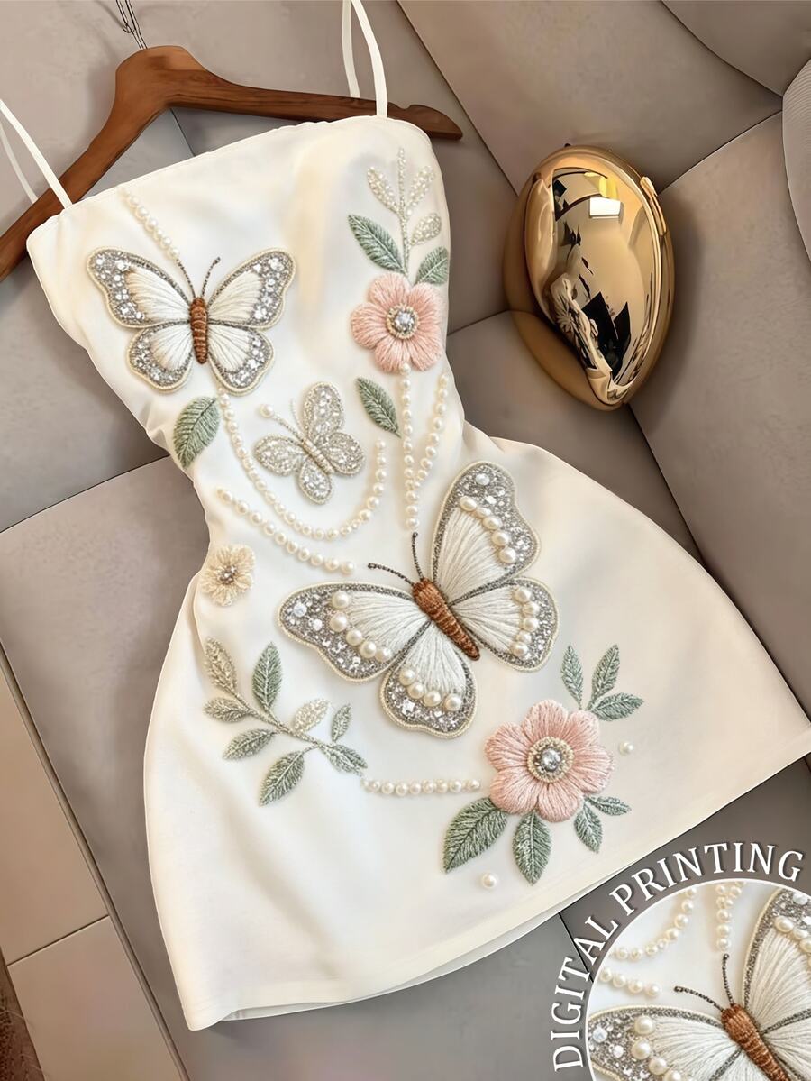 Resyla Plus Size Summer Casual Fairy Floral Butterfly Print Spaghetti Strap Dress Wedding Dates Birthday Floral White - Multicolor - View 1