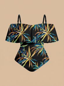 Swim Oasis Plus Size Vacation Botanical Print One-Piece Swimsuit Skirt Cover-Up 2 Pieces Set Vacation Black Summer - Black - View 4