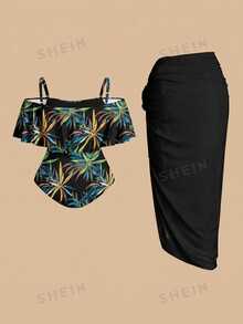 Swim Oasis Plus Size Vacation Botanical Print One-Piece Swimsuit Skirt Cover-Up 2 Pieces Set Vacation Black Summer - Black - View 2