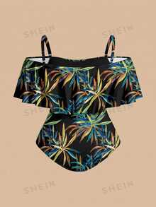 Swim Oasis Plus Size Vacation Botanical Print One-Piece Swimsuit Skirt Cover-Up 2 Pieces Set Vacation Black Summer - Black - View 5