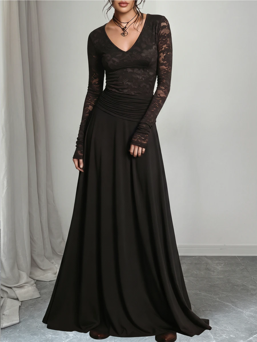 Elenzga Contrast Lace V Neck Dress Dinner Night Black Autumn Mature Elegant - Black - View 1