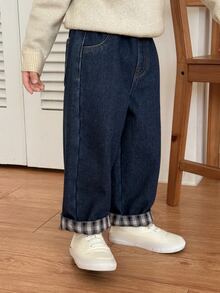 DAZY Baby Boy Autumn/Winter Washed Versatile Pocket Plaid Patchwork Denim Jeans - Dark Wash - View 3