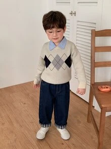 DAZY Baby Boy Autumn/Winter Washed Versatile Pocket Plaid Patchwork Denim Jeans - Dark Wash - View 9
