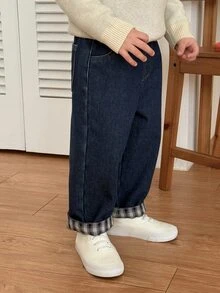 DAZY Baby Boy Autumn/Winter Washed Versatile Pocket Plaid Patchwork Denim Jeans - Dark Wash - View 4