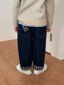 DAZY Baby Boy Autumn/Winter Washed Versatile Pocket Plaid Patchwork Denim Jeans - Dark Wash - View 8