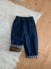 DAZY Baby Boy Autumn/Winter Washed Versatile Pocket Plaid Patchwork Denim Jeans - Dark Wash - View 7