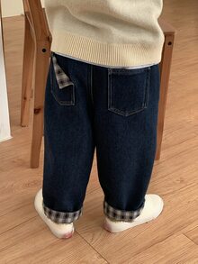 DAZY Baby Boy Autumn/Winter Washed Versatile Pocket Plaid Patchwork Denim Jeans - Dark Wash - View 1