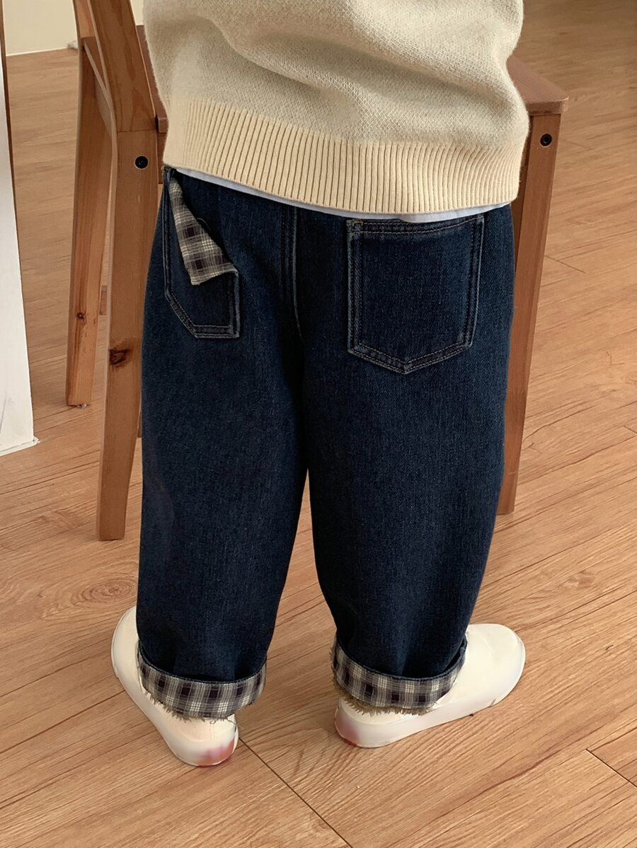 DAZY Baby Boy Autumn/Winter Washed Versatile Pocket Plaid Patchwork Denim Jeans - Dark Wash - View 1