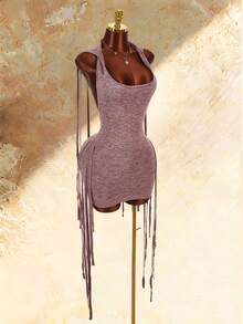 Bumpella Knitted Sleeveless Hooded Fringe Striped Bodycon Backless Mini Dress For Women - Multicolor - View 10