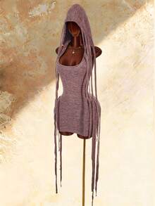 Bumpella Knitted Sleeveless Hooded Fringe Striped Bodycon Backless Mini Dress For Women - Multicolor - View 2